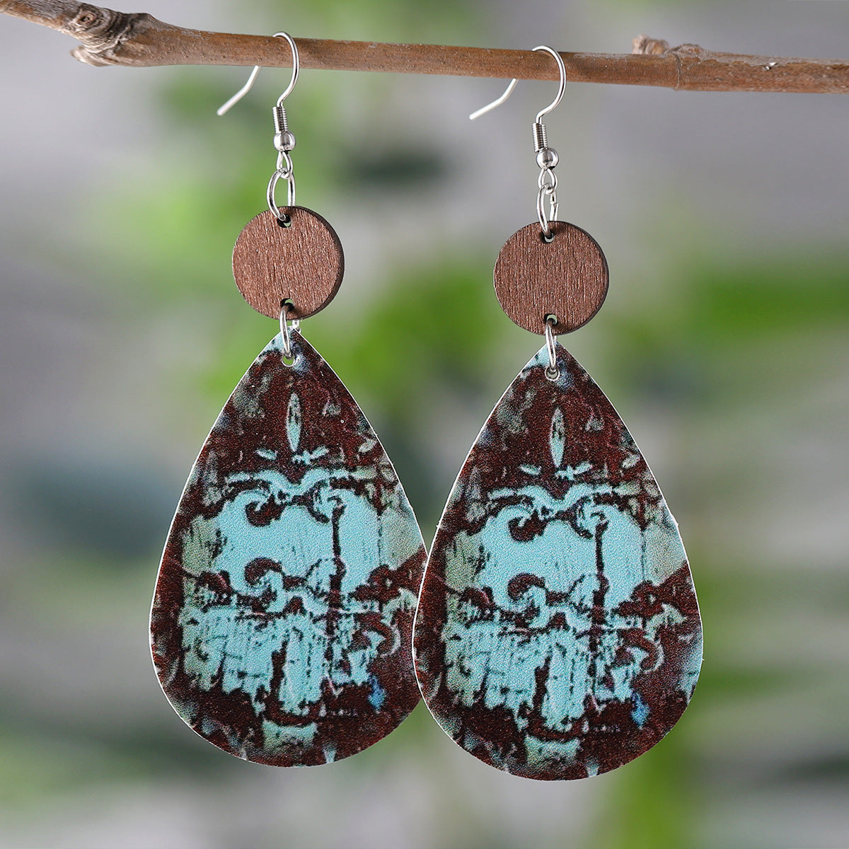 Wholesale Western style water drop pendant wood and leather double-sided earrings